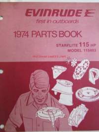 Evinrude 1974 Parts book Starflite 115 HP (First in outboards), katso tarkemmat mallimerkinnät kuvista.