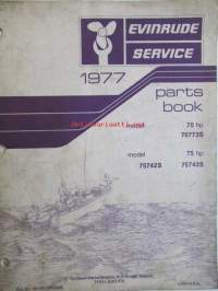 Evinrude Service 1977 Parts book 70 HP / 75 HP, katso tarkemmat mallimerkinnät kuvista.