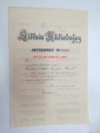 Littois Aktiebolag (Littoinen Oy) Aktiebref, 1900, blanco / käyttämätön -osakekirja, sisältää 2 arkkia talonkilippuja vuosille 1900-1919