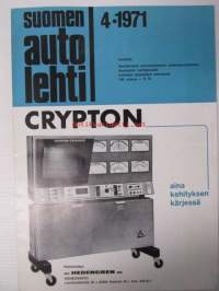 Suomen Autolehti 1971 nr 4, sis. mm. seur. artikkelit / kuvat / mainokset; Volkswagen käänteentekevä uuttuus K 70, Renkaiden kehityksestä, katso sisältö
