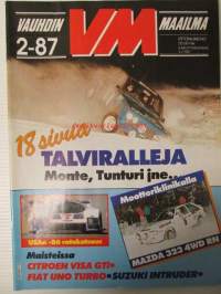 Vauhdin maailma 1987 nr 2, sis. mm. seur. artikkelit / kuvat / mainokset; mm. Formula 1 -87 mitä on tulossa ja mitä on menossa, Tunturiralli, Alain Prost aikamme