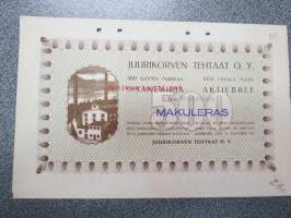Juurikorven Tehtaat O. Y., Juurikorpi 1916, 500 mk -osakekirja, käyttämätön, makuleras-leimattu