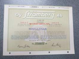 Oy Strömberg Ab, Helsinki 1946, Litt. D Sarja C 50 osaketta = 50 000 mk -osakekirja, käyttämätön, makuleras-leimattu