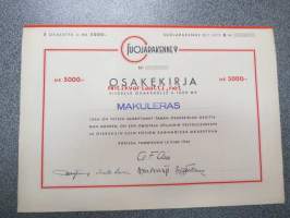 Suojarakenne Oy, Pori 1944, 5 osaketta á 5 000 mk = 50 000 mk -osakekirja, käyttämätön, makuleras-leimattu (Yhtiön nimenkirjoittajana mm. A.F. Airo, kenraaliko?)