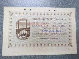 Juurikorven Tehtaat O. Y., Juurikorpi 1918, 500 mk -osakekirja, käyttämätön, makuleras-leimattu