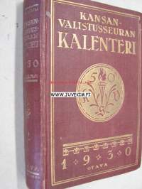 Kansanvalistusseuran Kalenteri 1930 + Tietokalenteri yhteensidottuna, sis. mm. seur. artikkelit / kuvat / mainokset; Singer, Paulig, Paischeff, Nokia, Husqvarna