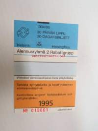 Helsinki / Liikennelaitos / HKL - HST / YTV - 1995 30 päivän alennuslippu alennusryhmä 2 nr 015661 -matkalippu