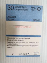 Helsinki / Liikennelaitos / HKL - HST / YTV - 1987 30 päivän lippu Aikuiset nr K 000677 -matkalippu