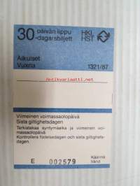 Helsinki / Liikennelaitos / HKL - HST / YTV - 1987 30 päivän lippu Aikuiset nr E 002579 -matkalippu