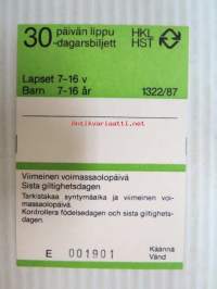 Helsinki / Liikennelaitos / HKL - HST / YTV - 1987 30 päivän lippu Lapset nr E 001901 -matkalippu