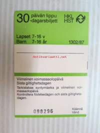 Helsinki / Liikennelaitos / HKL - HST / YTV - 1987 30 päivän lippu Lapset nr 098296 -matkalippu