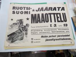 Ruotsi-Suomi jäärata (jääspeedway) maaottelu Turun urheilupuistossa 1.3.1959 Bramberg, Andersson, Knuttson, Pajari, Jousanen, Seliverstow -juliste / poster