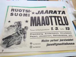 Ruotsi-Suomi jäärata (jääspeedway) maaottelu Turun urheilupuistossa 1.3.1959 Bramberg, Andersson, Knuttson, Pajari, Jousanen, Seliverstow -juliste / poster