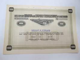 Helsingin Rauta- ja Sänkyteollisuus Oy, Helsinki 1917, 1 osake 1 000 mk -osakekirja / share certificate