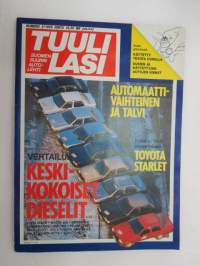 Tuulilasi 1985 nr 2, sisältää mm. seur. artikkelit / kuvat / mainokset; Kansikuva Keskikokoiset dieselit, Keijo Rosberg, Toyota Starlet 1,0 super 3D koeajo, Kova