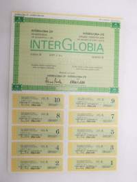 InterGlobia Oy, Helsinki 1989, Sarja A - Litt. C, sata osaketta á 5,00 mk - 5 000 mk -osakekirja -share certificate