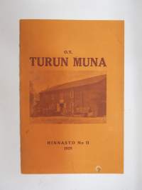 Kanaloille rehuja, ruokintavälineitä, hoitovälineitä, hautomakoneita, keinoemoja - Oy Turun Muna - Hinnasto nr 11 1929 kananrehujen ja ja kanatalouden
