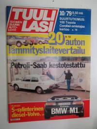 Tuulilasi 1979 nr 10, Lämmityslaitevertailu, Petro-Saab kestotesti, BMW M1, Volvo 244 GLD, Suurajojen pituushypyt, Opel Kadett 1.3 De Luxe, Toyota Corolla 100 kertoo