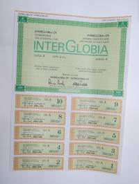 InterGlobia Oy, Helsinki 1989, Sarja A - Litt. D, 1 000 osaketta á 5,00 mk - 50 000 mk -osakekirja -share certificate