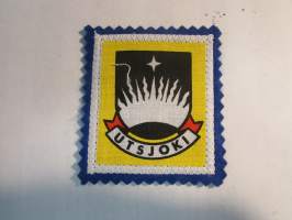 Utsjoki -kangasmerkki / matkailumerkki / hihamerkki / badge -pohjaväri sininen