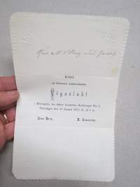 Bjudes att öfvervara undertecknades Vigselakt 10.1.1878 i Helsingfors - Lina Berg & R. Lemström -vihkiäiskutsukortti