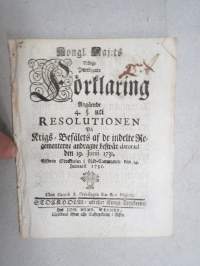 Kongl. Majestets...Förklaring Angående Resolutionen På Krigs-Befälets af de indelte Regementerne... -asetus, Tukholma 1735