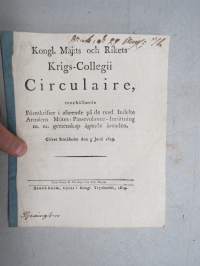 Kongl. Majestets... Föreskrifter i afseende på de med Indelte Arméens Mötes - Passevolance Inrättning m.m. -asetus / säädös, Stockholm, 1819