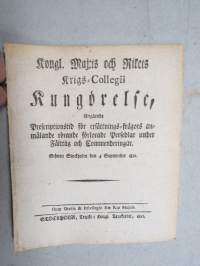 Kongl. Majestets... Kungörelse Angående Prescriptionstid för ersättnings-frågors anmälande rörande förlorade Persedlar under... -asetus / säädös, Stockholm, 1812