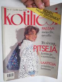 Kotiliesi 1991 nr 11, 7.6.1991, Pastaa, 16 sivua pitsejä, laattoja seinään ja lattiaan, Rauno Meriö, Kauppaneuvos Yrjö Kokko, Sukupolvenvaihdos, Nigel Kennedy, ym.