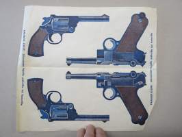 Parabellum ja Amerik. Colt - Liimaa lujalle pahville tai fanerille - leikkaamaton arkki 30 x 35 cm, poikien leikkiaseiden värilliset painokuvat 1930-luvulta
