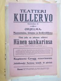 Hänen sankarinsa - Elokuvateatteri Kullervo (Rautatienkatu 26, Tampere / Lahti?) -elokuvajuliste, mykkäfilmiajalta