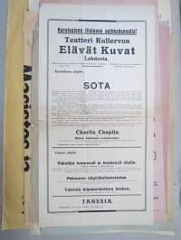 Sota / Charlie Chaplin... - Elokuvateatteri Kullervon Elävät Kuvat Lahdesta -elokuvajuliste, mykkäfilmiajalta
