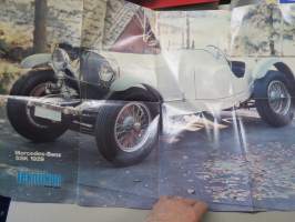 Mercedes Benz SSK 1929 - juliste 55 x 80 cm taiteltu A4 kokoon, K.A. Ebb valkoinen kisa-auto, entisöinti