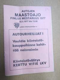 Autojen Maastoajo Finlux Mestaruus 1977 22.5.1977 -rallikisa / moottoriurheilukilpailu, käsiohjelma / lähtöluettelo