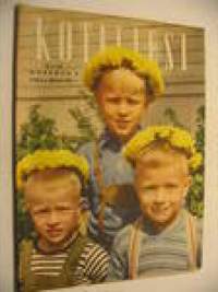 Kotiliesi 1954 nr 11, kesäkuu 1954 ajankuvaa mm. kesäiset pidot, noutopöydän ( seisovan pöydän) järjestäminen. Kuvasarjassa kesähäät (10 pientä kuvaa)