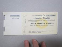 1 mk shekki / Suomen Pankki nr D 123740 -