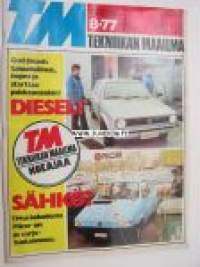 Tekniikan Maailma 1977 nr 8, TM koeajaa / esittelee: VW Golf LD, Aston Matin, Fiat 132, sähköauto Pilcar, Mitsubitshi Celeste, MV Agusta 350 S, Finnjet Flying Finn