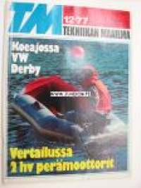 Tekniikan Maailma 1977 nr 12 TM koeajaa VW Derby, Yamaha RD 400 (D), TM vertailee 2 hv perämoottorit, Citroen Pallas GS ja CX, TM esittelee puolimaasturi Matra