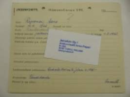 Hämeenlinnan VPK jäsenkortti Salo Erkki Ilmari