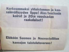 Eläköön Suomen ja Neuvostoliiton kansojen taistelutoveruus! -neuvostoliittolainen lentolehtinen, josta tehty postikortti