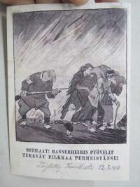 Sotilaat! Mannerheimin pyövelit tekevät pilkkaa perheistänne! -neuvostoliittolainen lentolehtinen, josta tehty postikortti