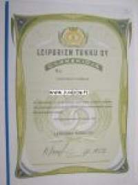 Leipurien Tukku Oy, 1 osake á 5 markkaa, Helsinki 17.5.1989 Specimen -osakekirja / share certificate
