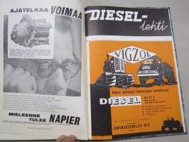 Diesel-lehti 1959 sidottu vuosikerta, runsas mainoskuvitus työkoneista ja moottoreista, värikuvaesittelyt mm. Fiat 600 & Volga, erittäin laadukas julkaisu