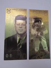 Twenty (20) Dollars - United States - John F. Kennedy / Apollo - Gold foil novelty note -keräilyseteli 24 K kullattu seteli, leikkirahaa