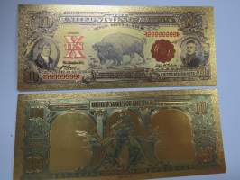 Ten (10) Silver Dollars - United States - Buffalo - Gold foil novelty note -keräilyseteli 24 K kullattu seteli, leikkirahaa