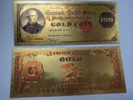 One Hundred (100) Gold Coin Certificate Dollars - United States - Gold foil novelty note -keräilyseteli 24 K kullattu seteli, leikkirahaa