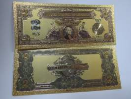 Two (2) Silver Dollars - United States - Gold foil novelty note -keräilyseteli 24 K kullattu seteli, leikkirahaa
