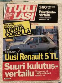 Tuulilasi 1980 nr 1 -Pakettiauto-vertailu, Koeajo: Tuleva uutuus Toyota Corolla, Koeajo: Uusi Renault 5 TL, Suuri kulutusvertailu, ym.