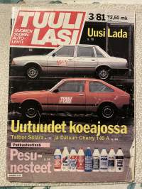 Tuulilasi 1981 nr 3, sisältää mm. seur. artikkelit / kuvat / mainokset; Kansikuva Talbot Solara & Datsun Cherry 140 A -koeajot, Millainen on 5 000 markan auto?,
