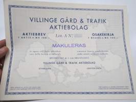 Villinge Gård & Trafik Aktiebolag 1 osake 100 mk 1942 -osakekirja,